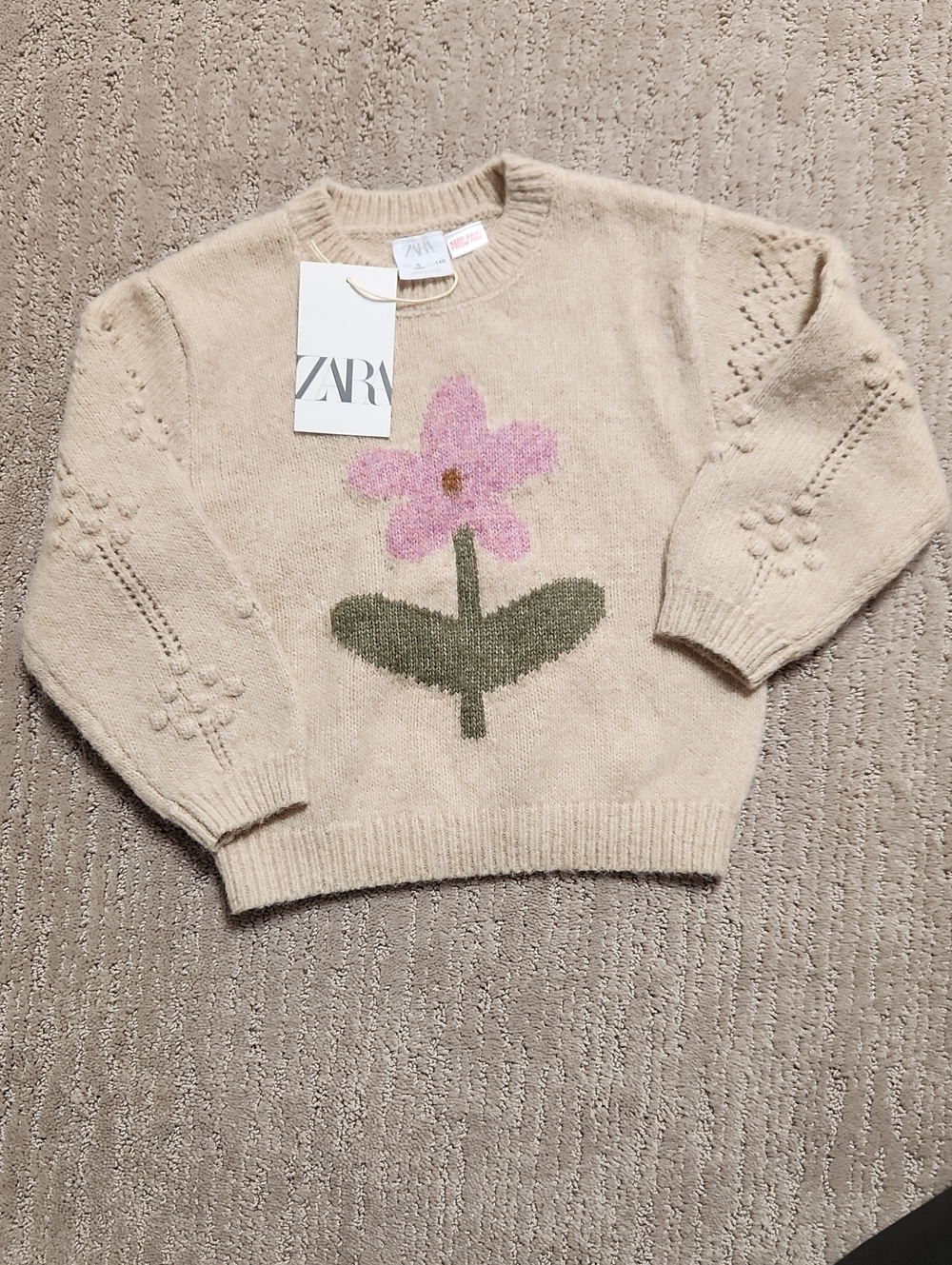 ZARA Cream Wool Blend Sweater with Pink Flower Motif